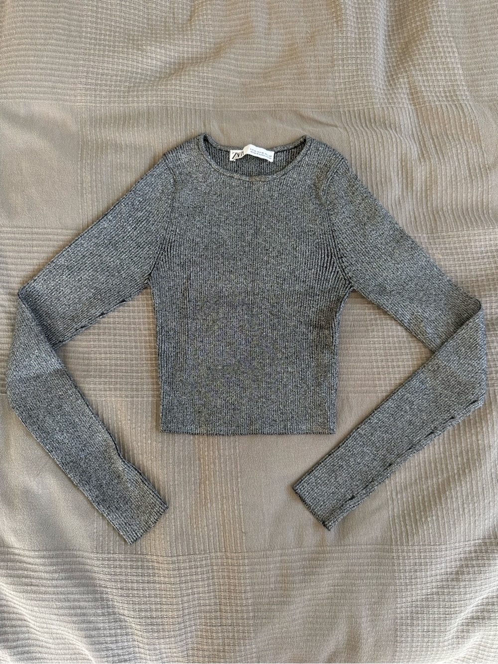 Zara Heather Gray Ribbed Long-Sleeve Crop Top
